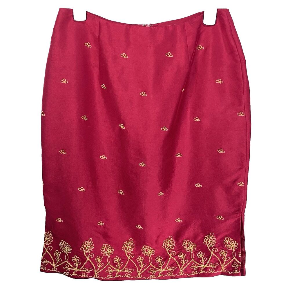 Vtg ALLISON TAYLOR Silk Skirt Embroidered Pencil Knee Length Midi Womens 8 Pink